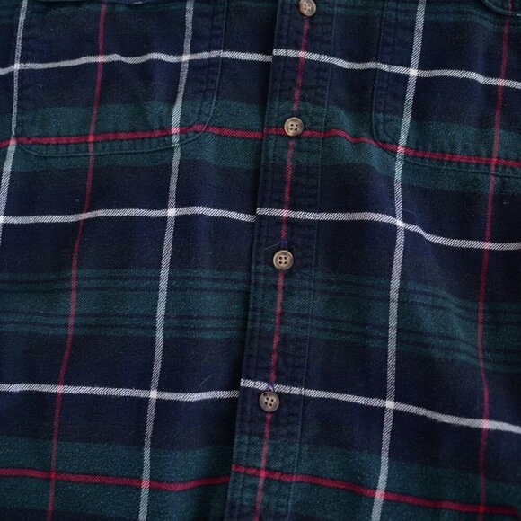 Vintage Eddie Bauer Green Navy Tartan Pattern Bainbridge Flannel Button Up Shirt - Picture 7 of 11